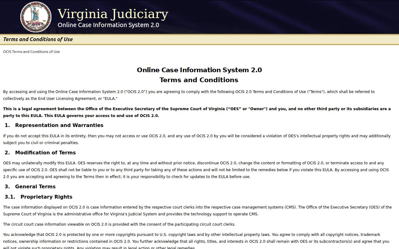 Wythe County warrant search starts at the blank Virginia OCIS screen