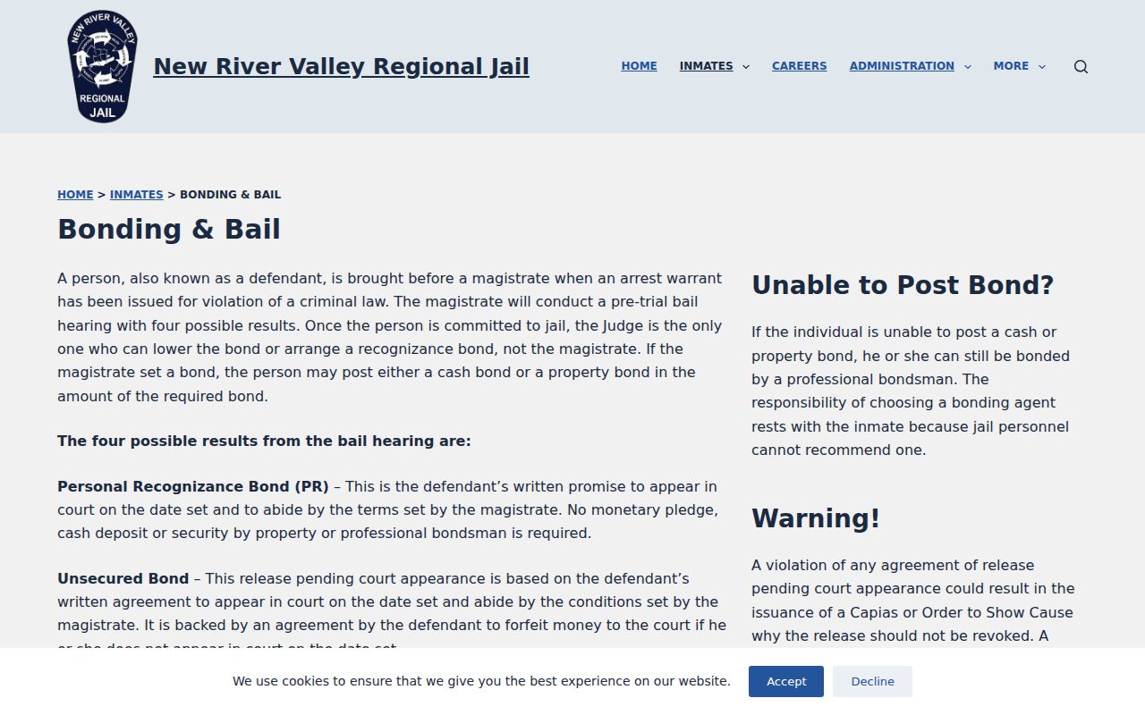 Wythe County bench warrant bond options at the regional jail