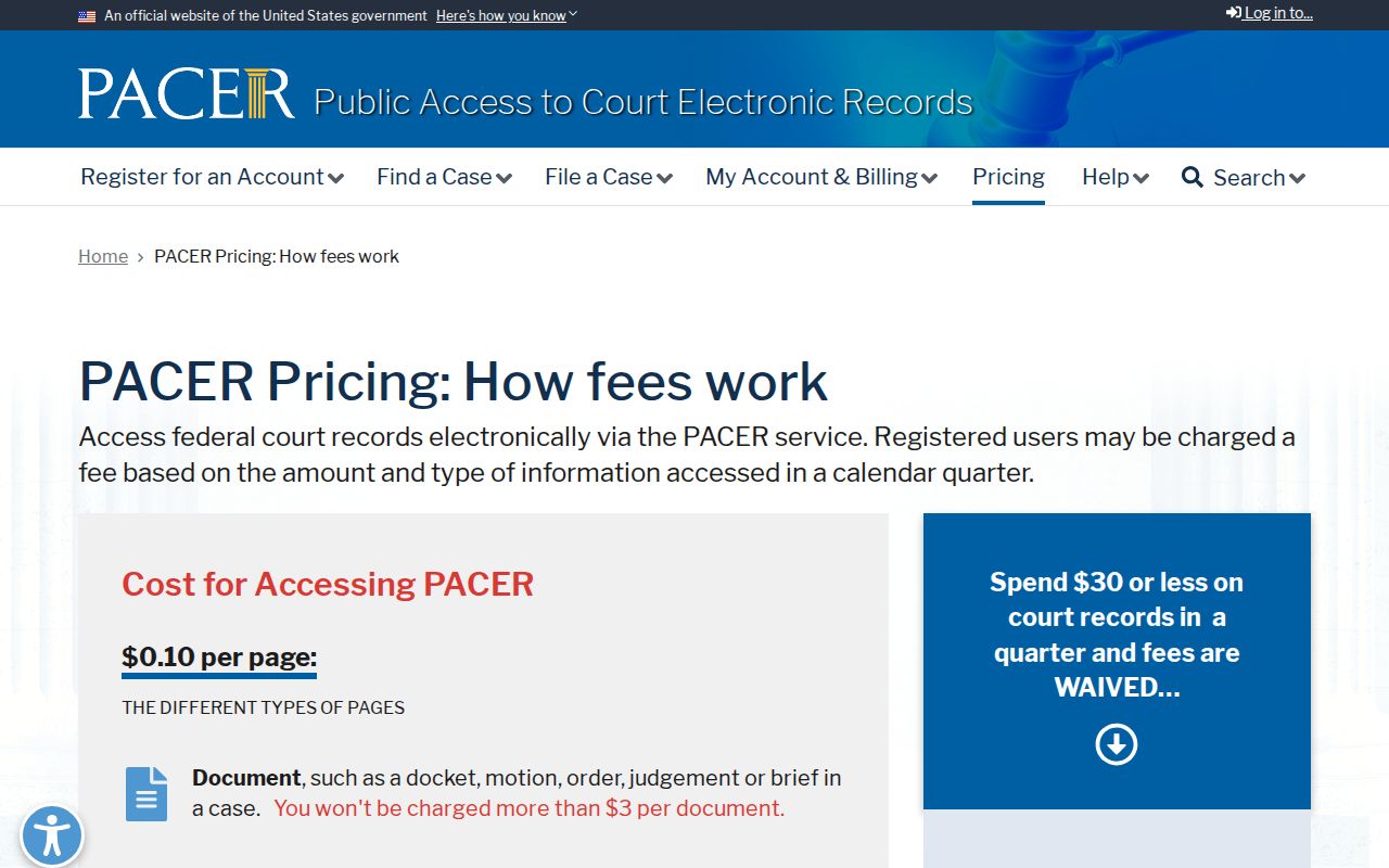 Federal docket search cost information from the official PACER service